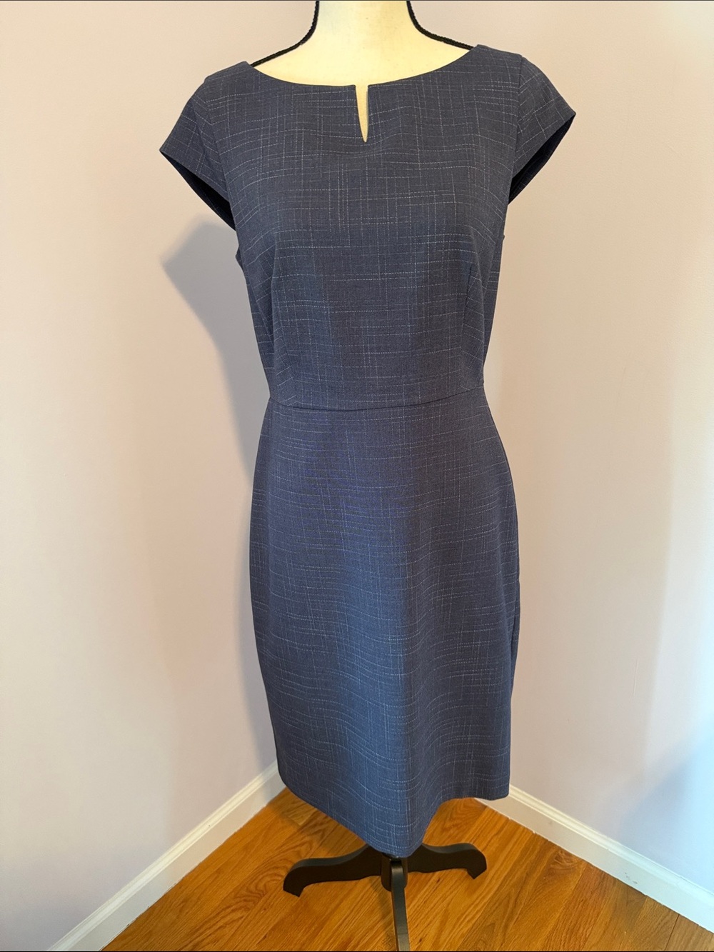 Ann Taylor Navy Textured Notch-Neck Sheath Dress